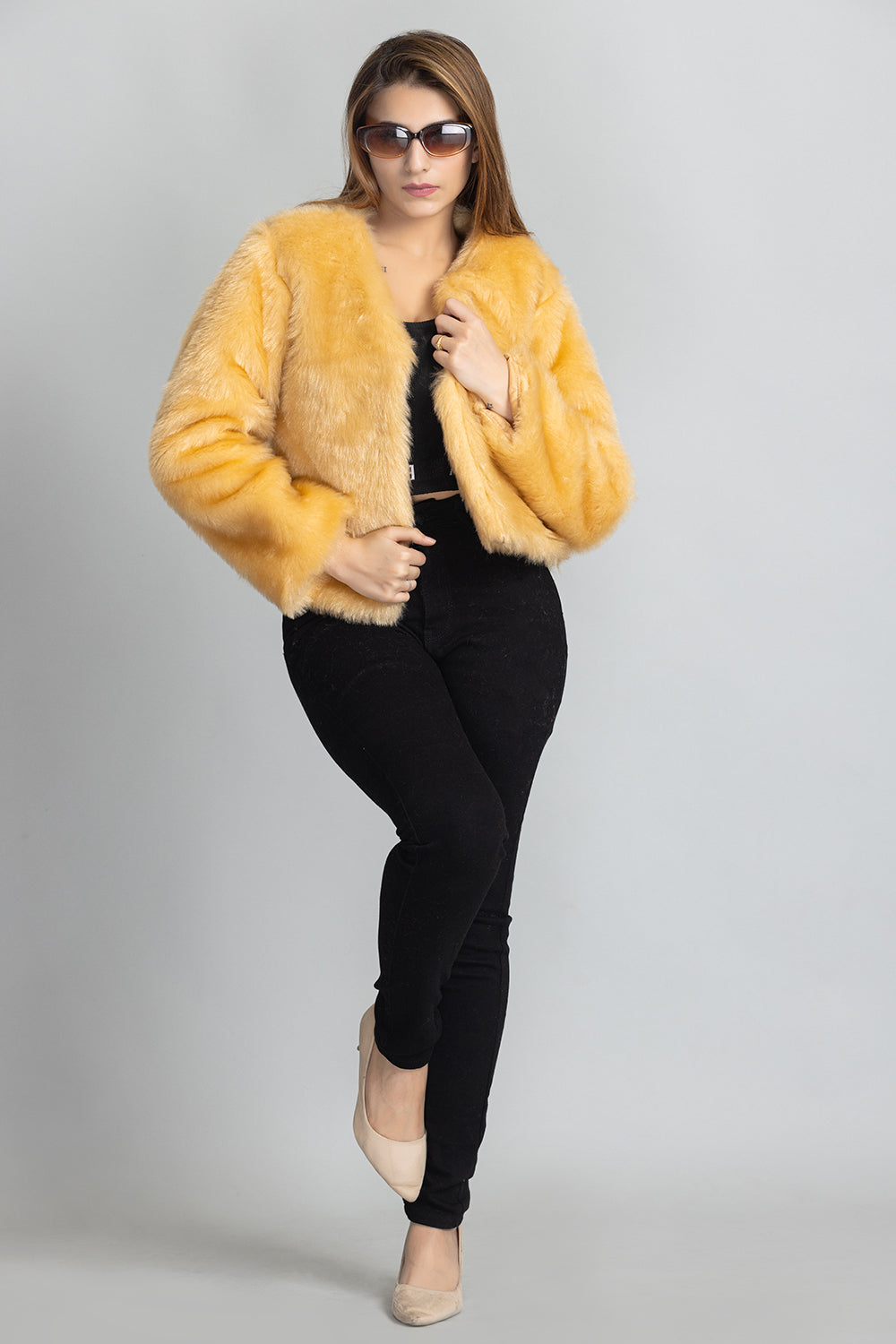 V-Neck Fur Jacket - Gold