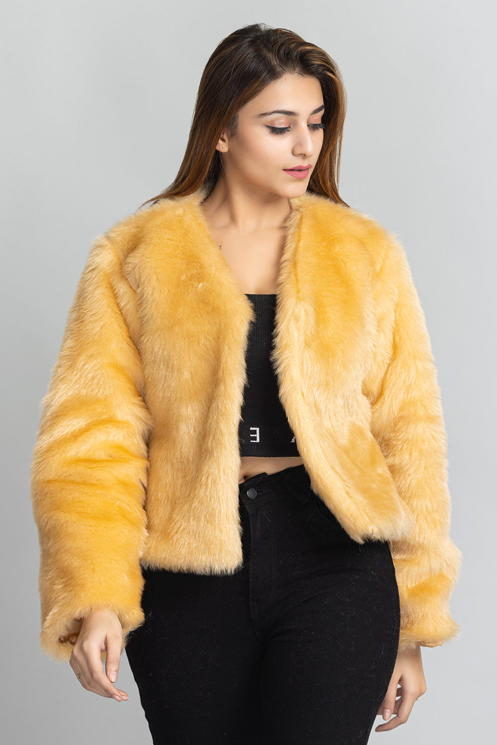 V Neck Fur Jacket Gold