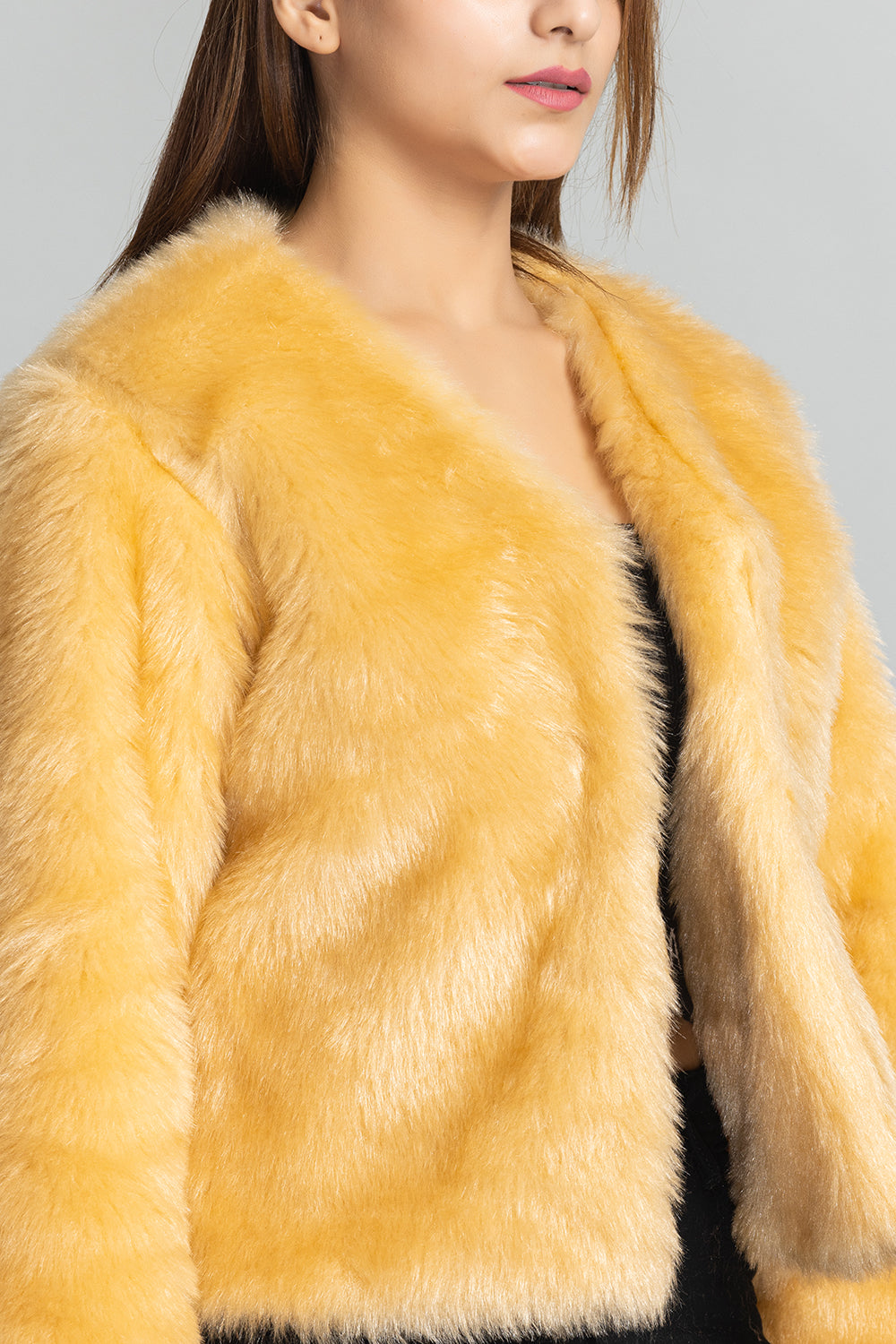 V-Neck Fur Jacket - Gold