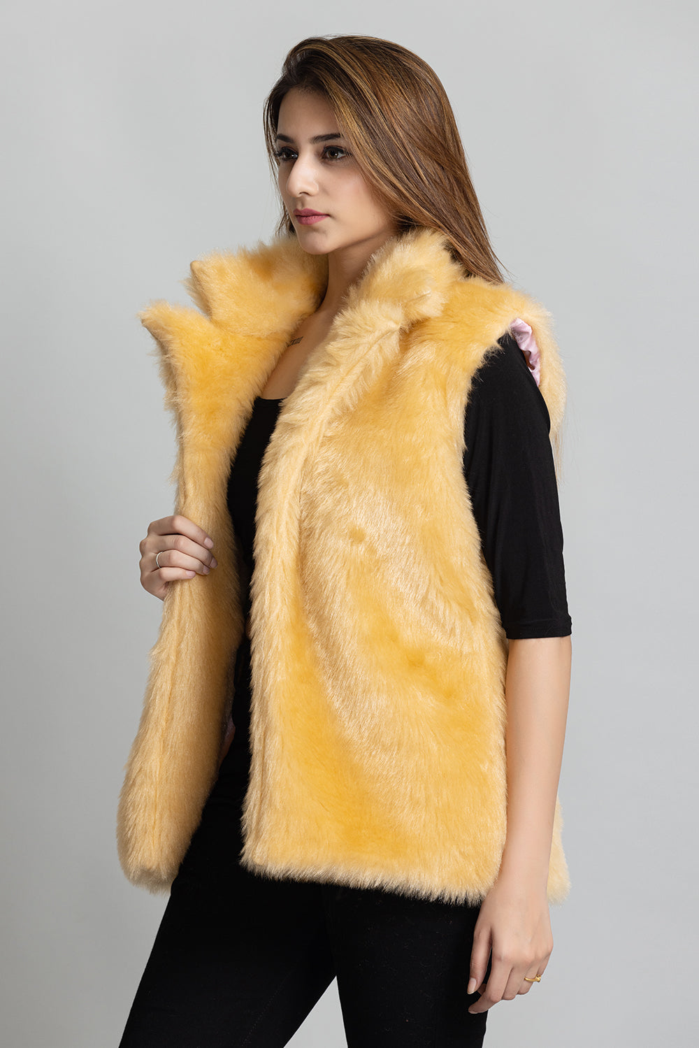 Fur Sleeveless Jacket - Gold