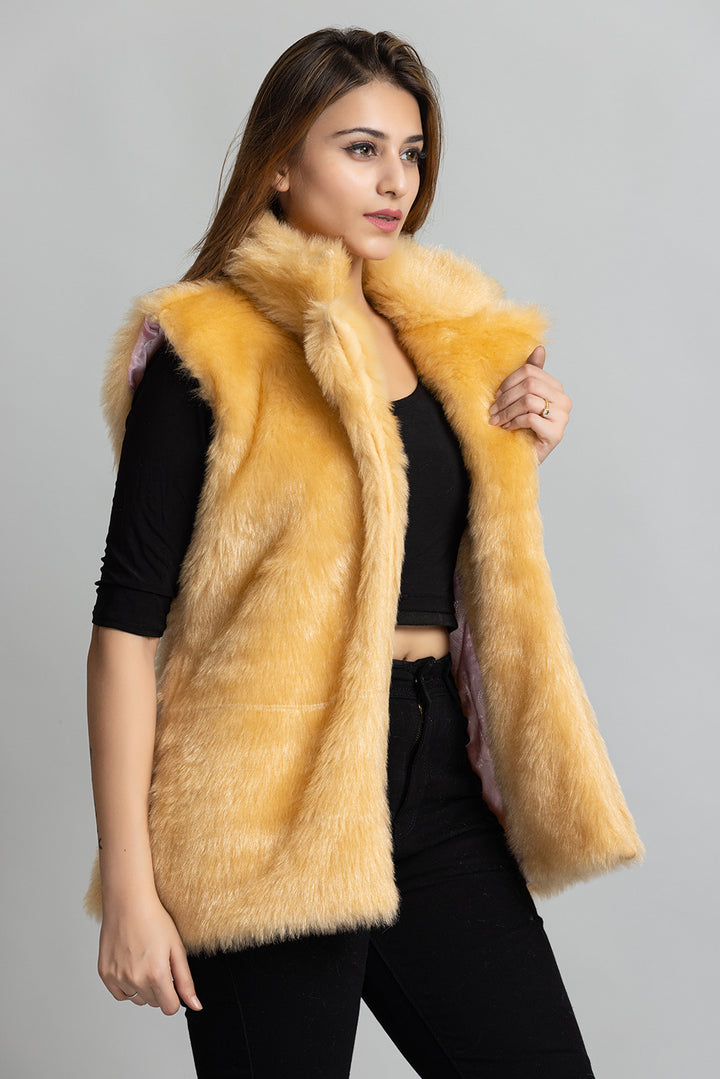 Fur Sleeveless Jacket - Gold