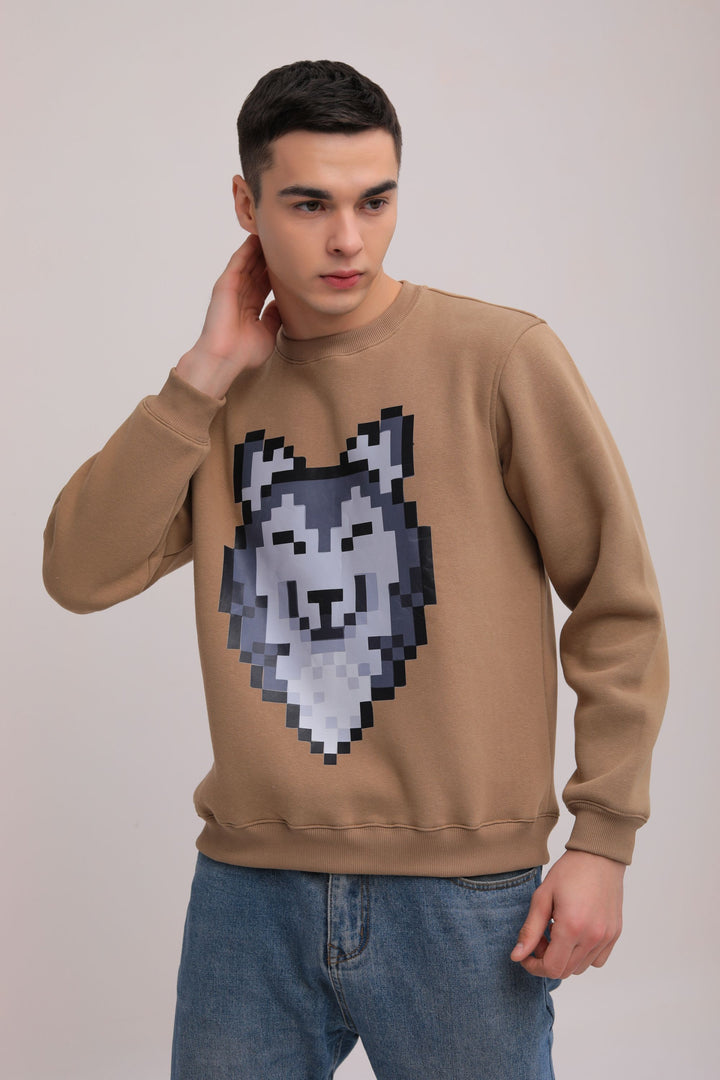 Wolf Print Fleece Sweatshirt - tan