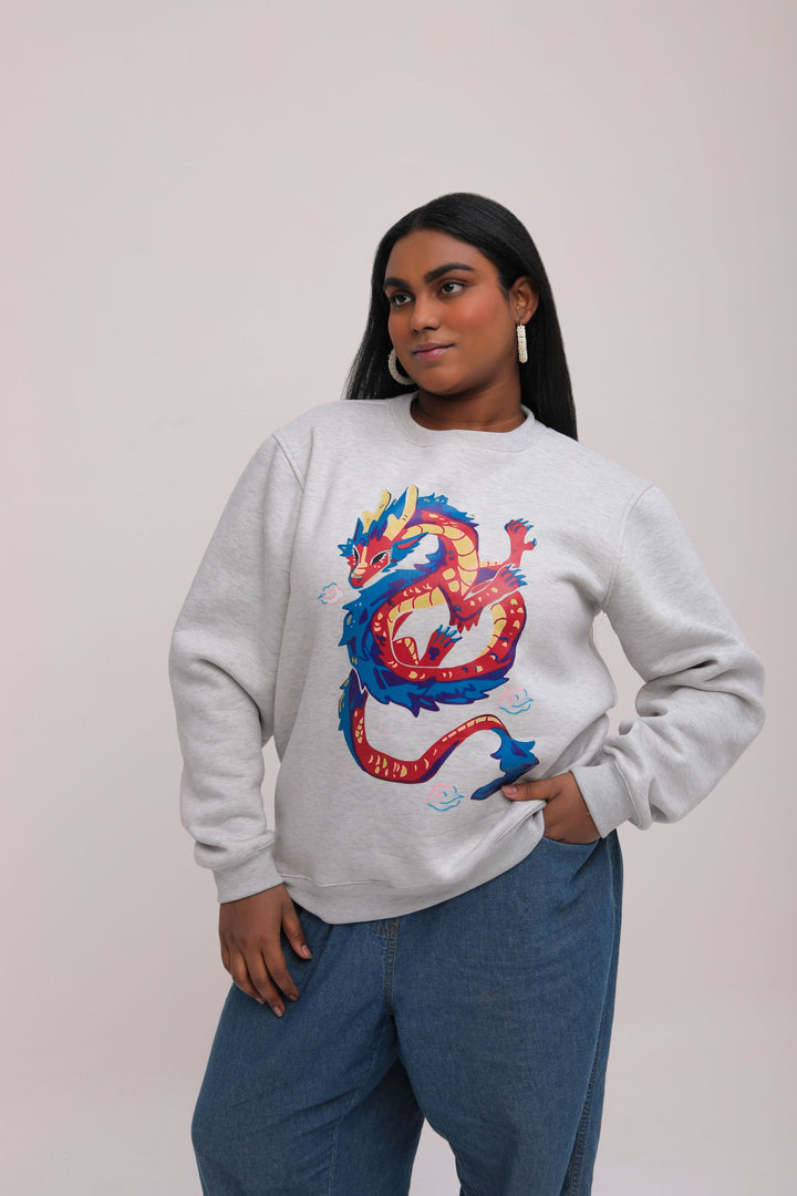 Oversized Dragon Print Fleece Sweatshirt - Grey Melange