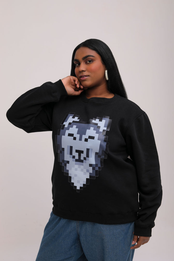 Oversized Wolf Print Black Sweatshirt 