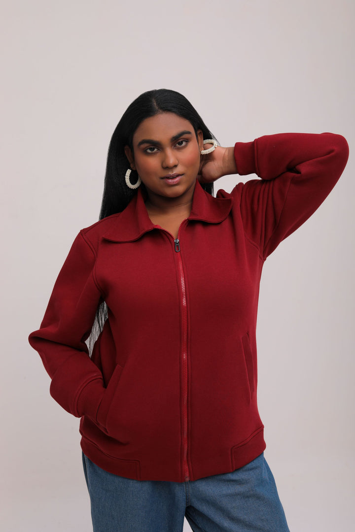 Oversized Fleece Zipper Jacket - Maroon