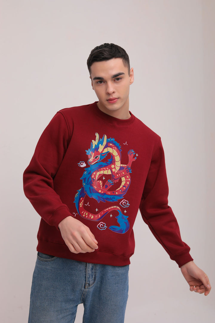 Dragon Print Fleece Sweatshirt - Maroon