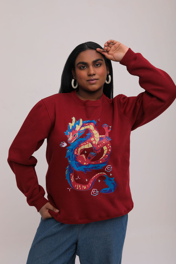 Oversized Dragon Print Fleece Sweatshirt - Maroon